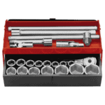 Set of Facom 3/4 inch 6-point metric sockets with extension bars in a red and black toolbox for professional automotive or mechanical use.