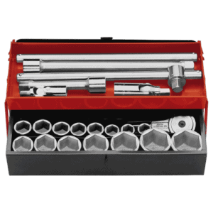 Set of Facom 3/4 inch 6-point metric sockets with extension bars in a red and black toolbox for professional automotive or mechanical use.