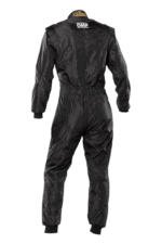 Black Grand Prix Racewear racing suit with OMP logo, designed for motorsport safety and performance.