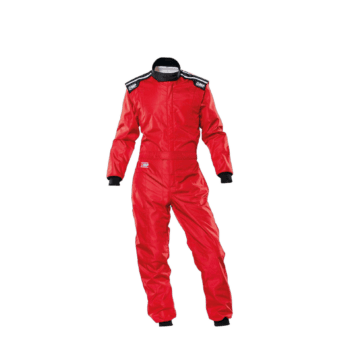 Red Grand Prix racing suit with black accents, designed for motorsport safety and performance.