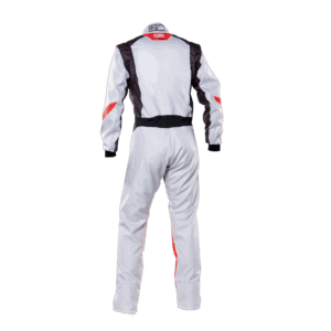 Grand Prix Racewear racing suit in white with black and red accents, designed for motorsport safety and performance.