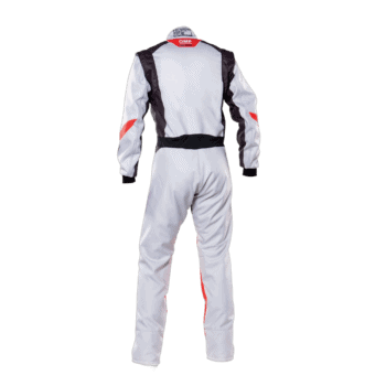 Grand Prix Racewear racing suit in white with black and red accents, designed for motorsport safety and performance.