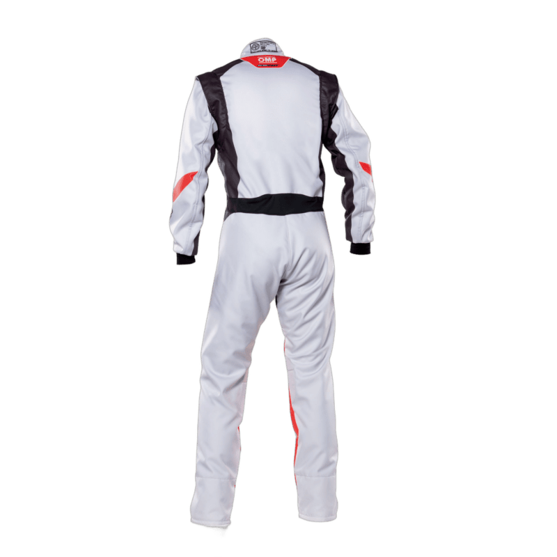 Grand Prix Racewear racing suit in white with black and red accents, designed for motorsport safety and performance.