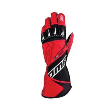 Red and black Grand Prix racing glove with protective features and branding, designed for motorsport enthusiasts and professional racers.