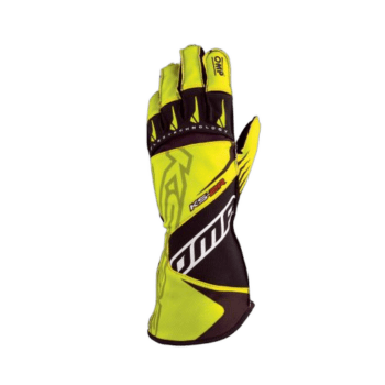 High-visibility yellow and black racing glove from Grand Prix Racewear, designed for motorsport safety and performance.
