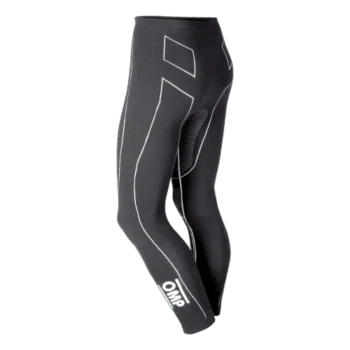 Black Grand Prix Racewear racing trousers with white stitching and OMP logo, designed for motorsport safety and performance.