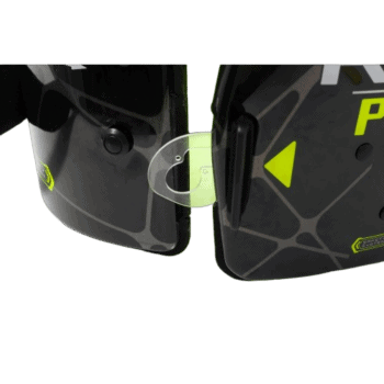 Close-up of Grand Prix Racewear helmet with clear visor and neon yellow accents, showcasing high-quality racing gear for motorsport enthusiasts.