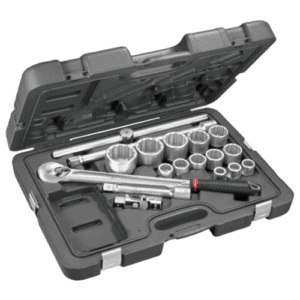 Facom 3/4 12-point socket set in a durable plastic case, including ratchet and various socket sizes for professional mechanical work.