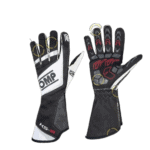 Pair of racing gloves from Grand Prix Racewear, featuring black, white, and red design with protective padding and grip enhancements for motorsport drivers.