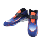 High-performance Grand Prix racing shoes with vibrant blue, orange, and black design, featuring a secure strap and aerodynamic shape for optimal racing performance.