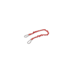 Red safety lanyard with dual snap hooks and screw fittings for secure attachment in industrial or racing environments.