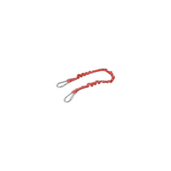 Red safety lanyard with dual snap hooks and screw fittings for secure attachment in industrial or racing environments.