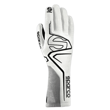 White racing glove by Grand Prix Racewear with black and grey accents, designed for motorsport safety and performance.