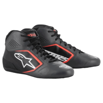 Black racing shoes with red and white accents from Grand Prix Racewear, designed for motorsport enthusiasts and professional drivers.
