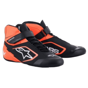 Grand Prix Racewear racing shoes in black and orange with Alpinestars logo, designed for motorsport enthusiasts and professional drivers.