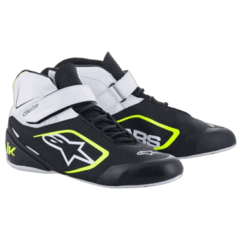 High-performance racing shoes from Grand Prix Racewear with black, white, and neon yellow accents, designed for motorsport enthusiasts.
