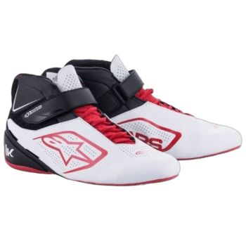 High-performance Grand Prix racing shoes with white, black, and red design, featuring ankle support and laces for optimal grip and safety.
