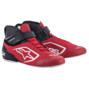 Red Grand Prix racing shoes with black and white accents, designed for motorsport enthusiasts and professional racers.