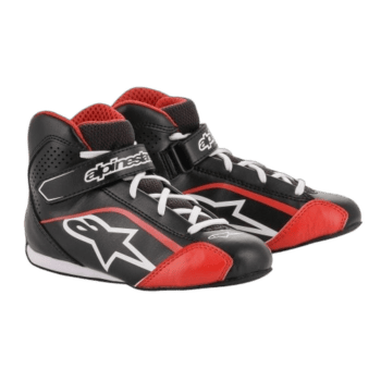 Black and red racing shoes by Alpinestars for motorsport enthusiasts, featuring high ankle support and secure fastening system.