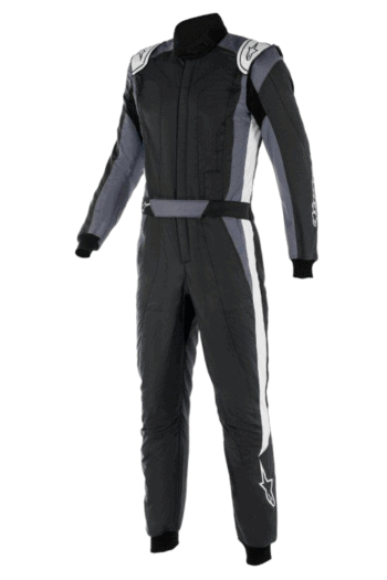 Black and grey Grand Prix Racewear racing suit with protective padding and branding, designed for motorsport safety and performance.