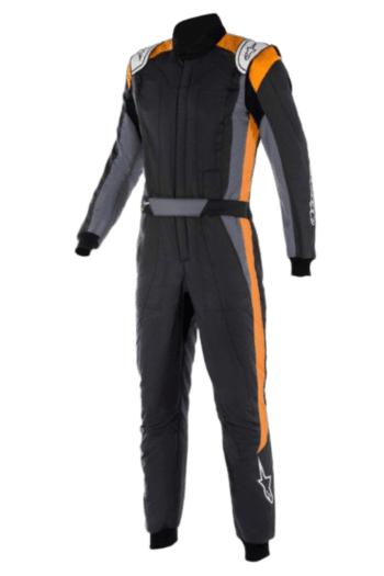 Grand Prix Racewear racing suit with black, grey, and orange design, featuring sponsor logos and protective padding for motorsport drivers.
