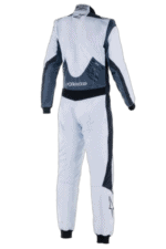 Grand Prix Racewear racing suit in white and navy blue, designed for motorsport safety and performance.