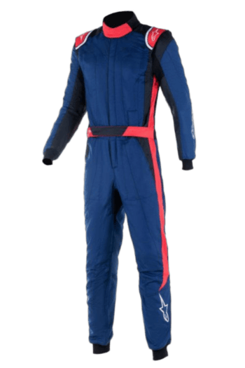 Grand Prix Racewear racing suit in blue with red and black accents, designed for motorsport safety and performance.