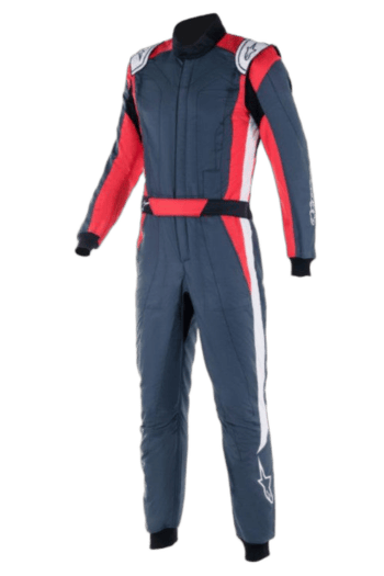 Grand Prix Racewear racing suit in navy blue with red and white accents, designed for motorsport drivers, featuring protective padding and a comfortable fit.