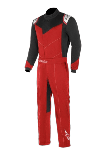 Grand Prix Racewear racing suit in red and black with protective padding, designed for motorsport drivers.