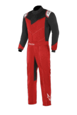 Grand Prix Racewear racing suit in red and black with protective padding, designed for motorsport drivers.
