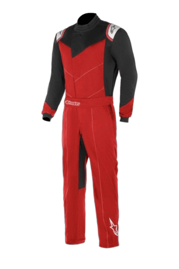 Grand Prix Racewear racing suit in red and black with protective padding, designed for motorsport drivers.