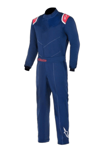 Blue Grand Prix racing suit with red and white accents, designed for professional motorsport drivers, featuring Alpinestars branding.