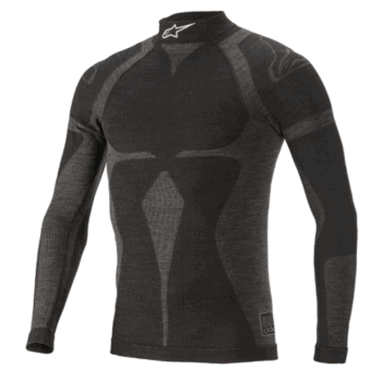 Black and grey Grand Prix Racewear racing suit with protective padding and branding, designed for motorsport enthusiasts and professional racers.