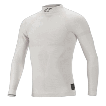White Grand Prix Racewear racing top with Alpinestars logo, designed for motorsport safety and performance.