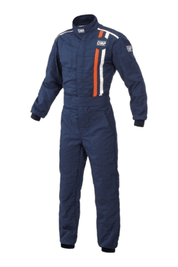 Grand Prix Racewear racing suit in blue with orange and white accents, designed for motorsport safety and performance.
