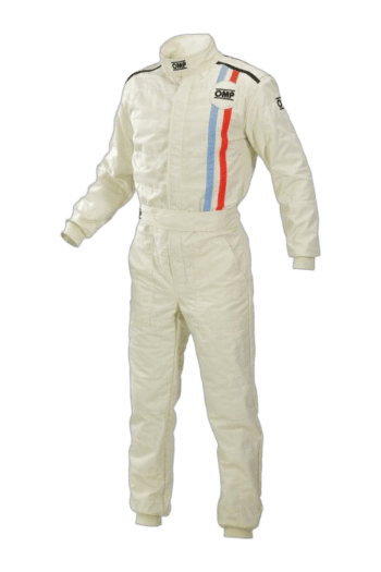 Grand Prix Racewear racing suit in white with blue and red stripes, featuring OMP and other sponsor logos, designed for motorsport drivers.