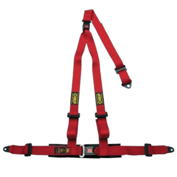 Red Grand Prix Racewear harness with black and yellow OMP branding for motorsport safety and performance.