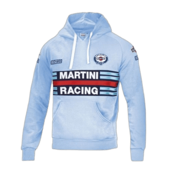 Light blue Grand Prix racing hoodie with Martini Racing logo and sponsor patches, ideal for motorsport fans and racewear enthusiasts.