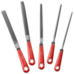Set of five Facom second-cut files with red handles and varying lengths, ideal for precision metalwork and grinding tasks.