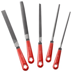Set of five Facom second-cut files with red handles and varying lengths, ideal for precision metalwork and grinding tasks.