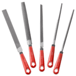 Set of five Facom second-cut files with 250mm length, featuring red handles and metal blades for precise metalworking tasks.