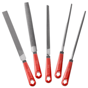 Set of five Facom second-cut files with 250mm length, featuring red handles and metal blades for precise metalworking tasks.