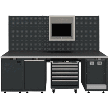 Professional workshop workbench with storage cabinets, tool drawers, and a pegboard for automotive or racing equipment organization.