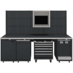 Industrial workbench with storage cabinets and a pegboard wall, suitable for workshop or garage use.