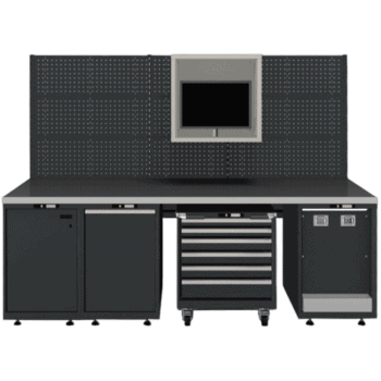 Industrial workbench with storage cabinets and a pegboard wall, suitable for workshop or garage use.