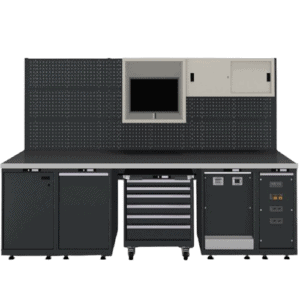 Industrial workbench with storage cabinets and a pegboard wall for tools and equipment.