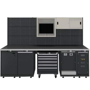 Industrial workbench with storage cabinets and a pegboard wall for tools and equipment.
