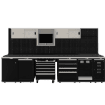 Professional workshop workbench with storage cabinets, drawers, and a pegboard for tools, ideal for industrial or automotive use.