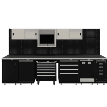 Professional workshop workbench with storage cabinets, drawers, and a pegboard for tools, ideal for industrial or automotive use.