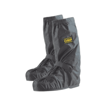 Pair of grey OMP racing overshoes designed for motorsport protection and performance, featuring the OMP logo on the side.